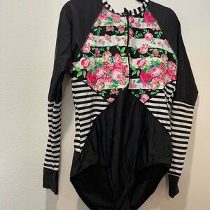 Floral and Striped Long Sleeve‎ Swimsuit